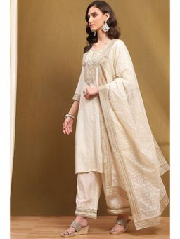 Biba - Off White Embroidered Kurta with Palazzo and Dupatta (Set of 3)