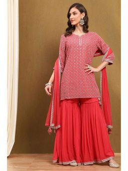 Biba - Red Embroidered Kurti with Sharara and Dupatta (Set of 3)