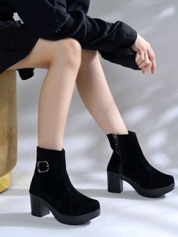 Shoetopia - Black Suede Platform Ankle Boots For Women