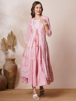 FASHOR - Ethnic Khari A-Line Maxi Dress with Embroidered Jacket - Pink (Set of 2)