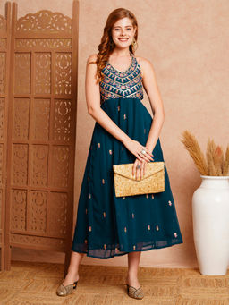 FASHOR - Floral Sequin Embroidered A-Line Panelled Midi Dress - Teal Blue