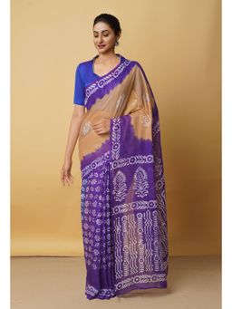 Unnati Silks - Brown Pure Batik Kota Cotton Saree with Unstitched Blouse
