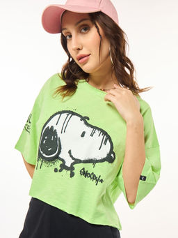 Bewakoof - Air 1.0 Peanuts Women's Green Thrill Seeker Snoopy Graphic Printed Oversized Short Top