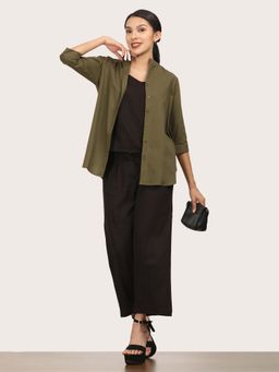 Saltpetre - Women Olive Mandarin Neck Overshirt With Coffee Slip top And Pant (Set of 3)