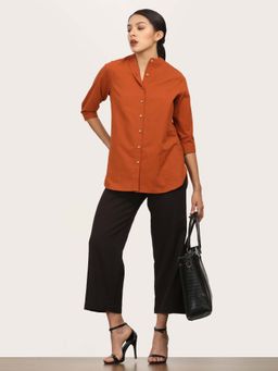 Saltpetre - Women Rust Mandarin Neck Shirt With Coffee Wide Leg Pant (Set of 2)