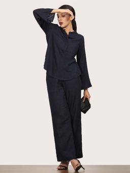 Saltpetre - Women Navy Blue Split Bell Sleeve Co-Ord (Set of 2)