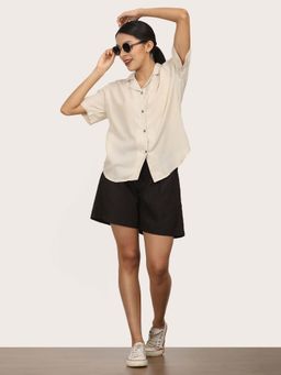 Saltpetre - Women Beige Half Sleeve Cuban Collar Shirt With Shorts (Set of 2)