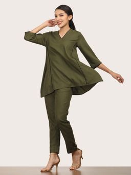 Saltpetre - Women Olive A-Line V-Neck Co-Ord (Set of 2)
