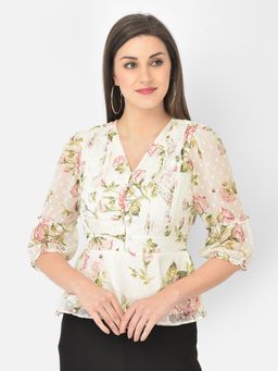Latin Quarters - Ivory Floral Printed V-neck With Three Fourth Sleeves Peplum Top