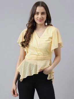 Latin Quarters - Yellow Printed V-neck With Flared Sleeves Wrap Top