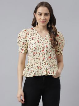 Latin Quarters - Yellow Floral Printed V-neck With Puffer Sleeve Peplum Top