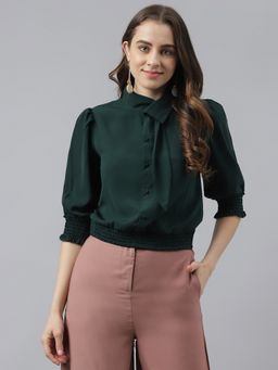 Latin Quarters - Green Three Fourth Sleeves Solid Top With High Neck