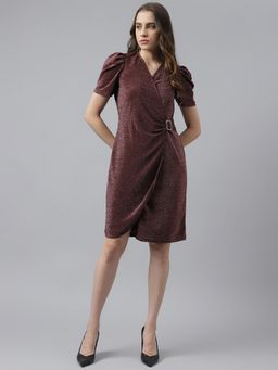 Latin Quarters - Brown V-neck With Half Sleeves Embellished Wrap Dress