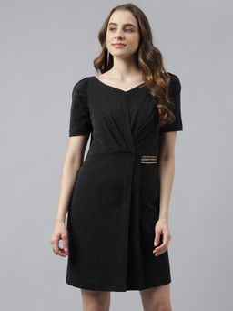 Latin Quarters - Black V-neck With Half Sleeves Embellished Sheath Dress