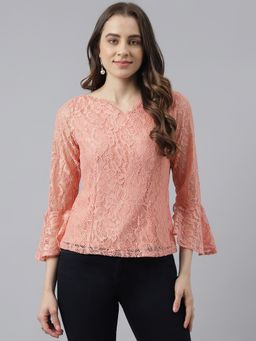 Latin Quarters - Peach V-neck With Bell Sleeves Lace Top