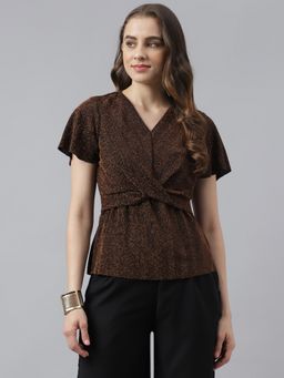 Latin Quarters - Brown V-neck With Flared Sleeves Embellished Wrap Top