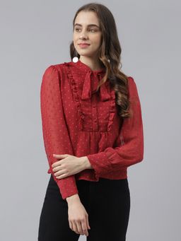 Latin Quarters - Maroon Textured Full Sleeve With Tie Up Neck