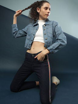 Campus Sutra - Blue Women Solid Stylish Casual Denim Jacket