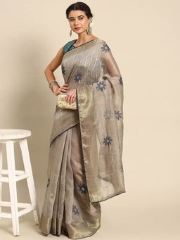 Odette - Grey Cotton Embroidered Saree with Unstitched Blouse