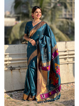 Mysilklove - Peacock Teal Woven Paithani Saree with Unstitched Blouse