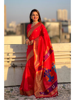 Mysilklove - Rose Red Woven Paithani Saree with Unstitched Blouse