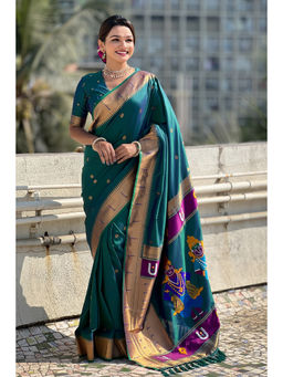 Mysilklove - Elephant Green Woven Paithani Saree with Unstitched Blouse