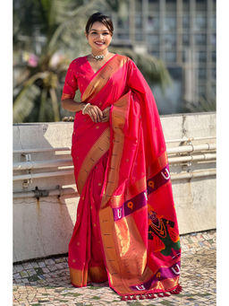 Mysilklove - Fire Rose Pink Woven Paithani Saree with Unstitched Blouse