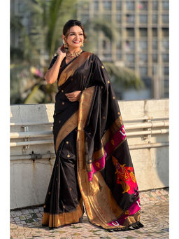 Mysilklove - Raven Black Woven Paithani Saree with Unstitched Blouse