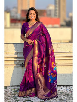 Mysilklove - Sangria Purple Woven Paithani Saree with Unstitched Blouse