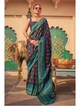 Mysilklove - Navy Blue Printed Banarasi Silk Saree with Unstitched Blouse
