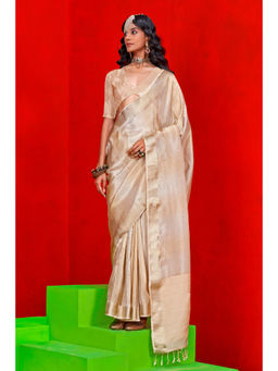 Mysilklove - Almond Cream Tissue Handloom Saree with Unstitched Blouse