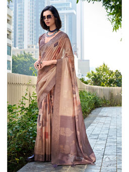Mysilklove - Beige Banarasi Handloom Saree with Unstitched Blouse