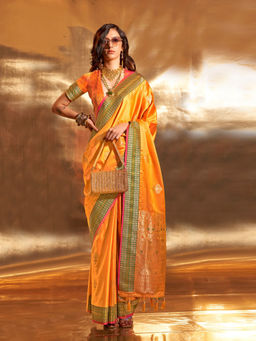 Odette - Orange Satin Woven Saree with Unstitched Blouse