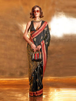 Odette - Black Satin Woven Saree with Unstitched Blouse