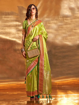 Odette - Green Satin Woven Saree with Unstitched Blouse