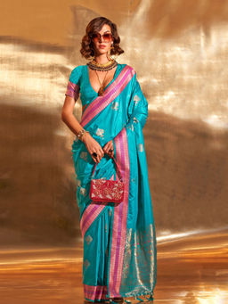 Odette - Blue Satin Woven Saree with Unstitched Blouse