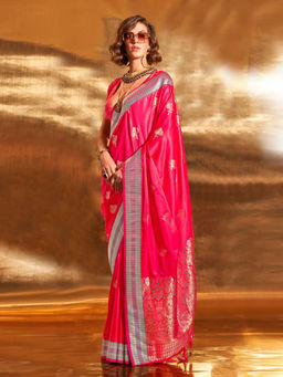Odette - Pink Satin Woven Saree with Unstitched Blouse