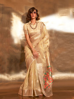 Odette - Beige Tissue Woven Saree with Unstitched Blouse