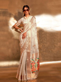 Odette - White Tissue Woven Saree with Unstitched Blouse