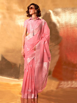Odette - Pink Linen Woven Saree with Unstitched Blouse
