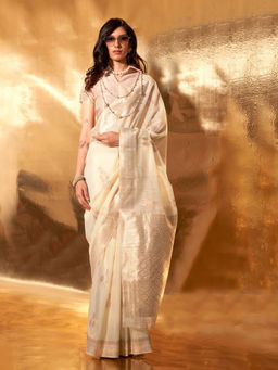 Odette - Beige Linen Woven Saree with Unstitched Blouse