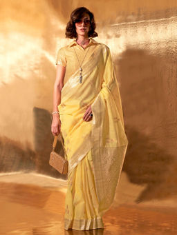 Odette - Yellow Linen Woven Saree with Unstitched Blouse