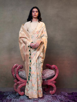 Odette - Beige Silk Blend Woven Saree with Unstitched Blouse