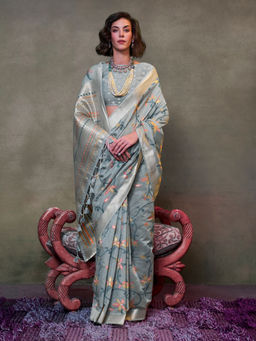 Odette - Grey Silk Blend Woven Saree with Unstitched Blouse