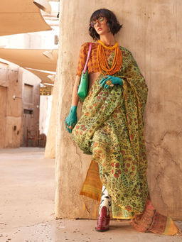 Odette - Green Tissue Printed Saree with Unstitched Blouse