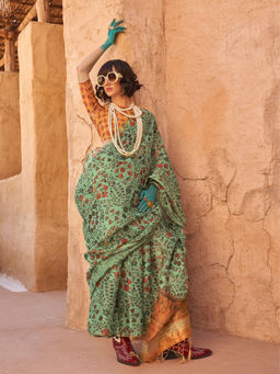 Odette - Green Tissue Printed Saree with Unstitched Blouse