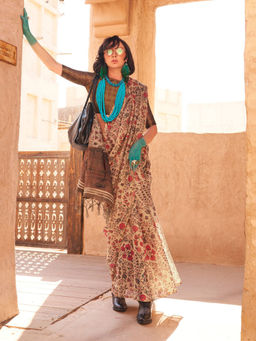 Odette - Beige Tissue Printed Saree with Unstitched Blouse