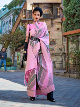 Odette - Pink Silk Blend Woven Saree with Unstitched Blouse