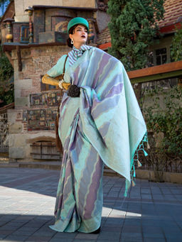 Odette - Blue Silk Blend Woven Saree with Unstitched Blouse