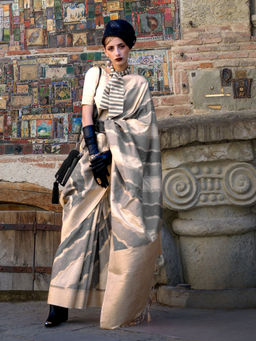 Odette - Grey Silk Blend Woven Saree with Unstitched Blouse